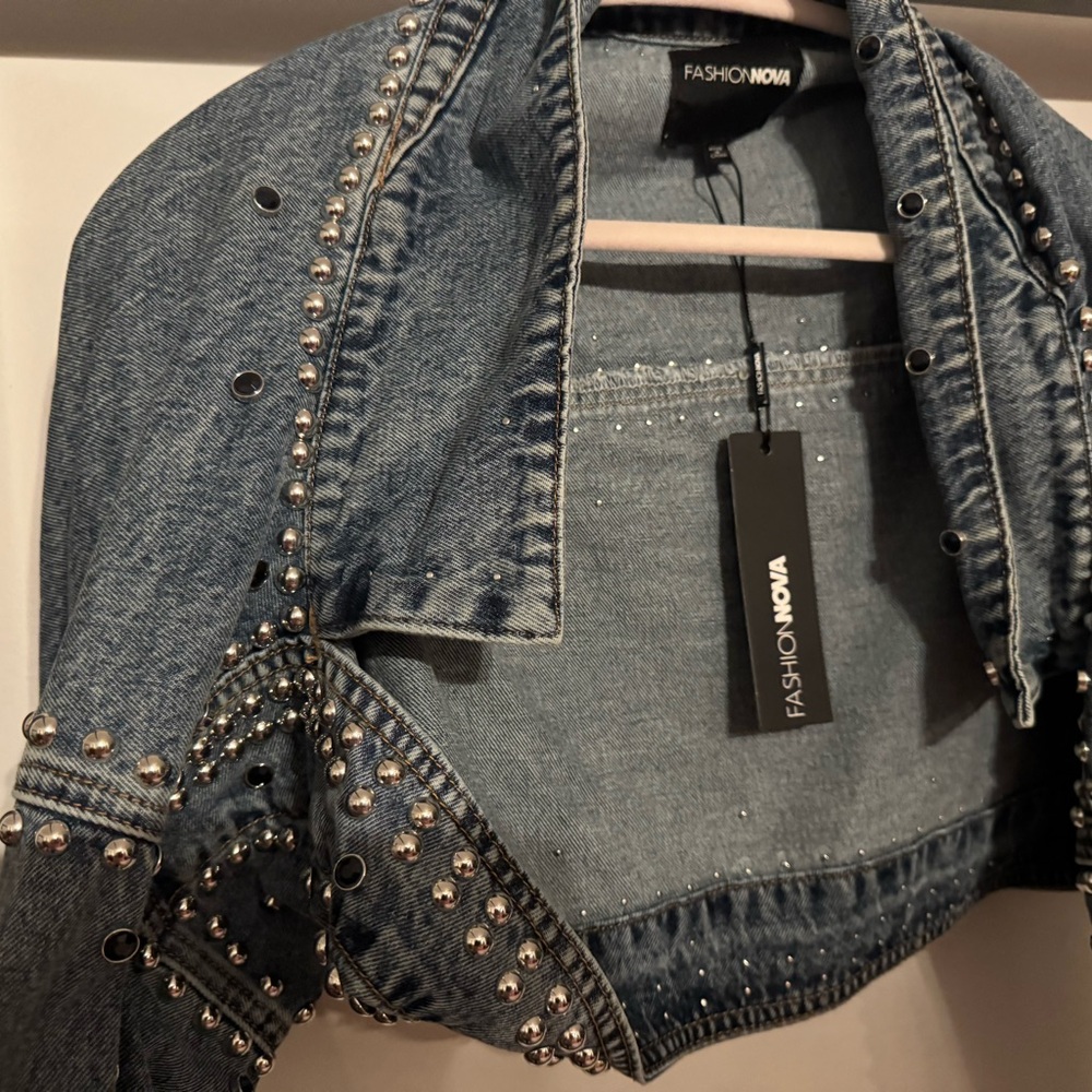 NWT Fashion Nova Studded Light Blue Denim Jacket